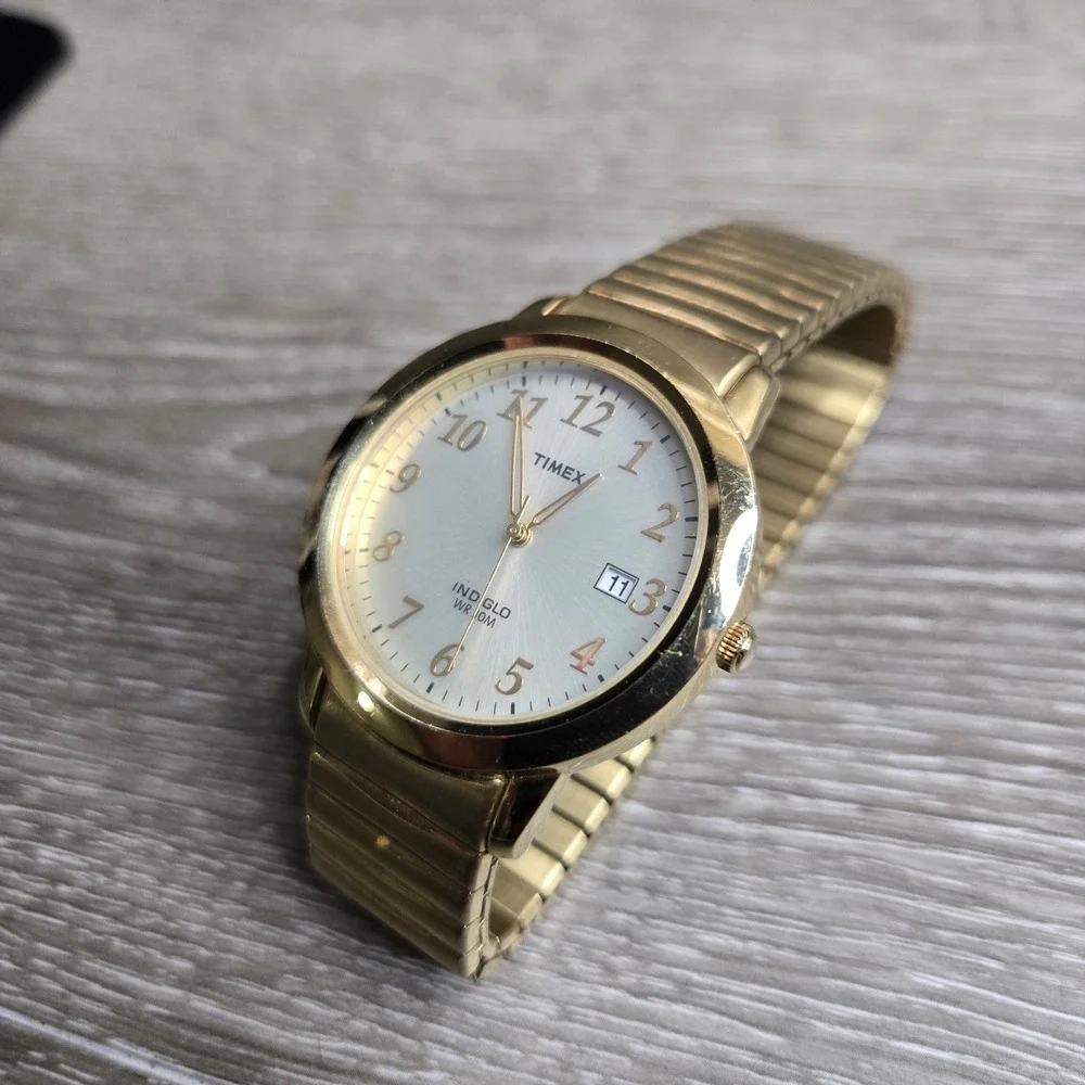 Timex Indiglo Gold Tone Watch Date Window Expansion Band WR 30M R9